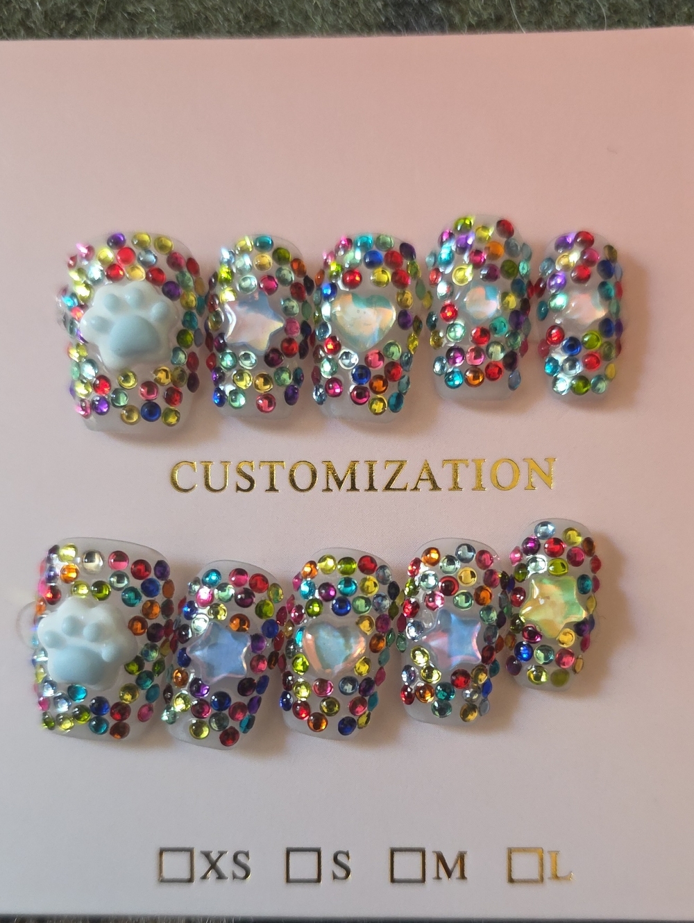 Multicolor Crystal Accent Nail Set - Cute Paw Print Size Med